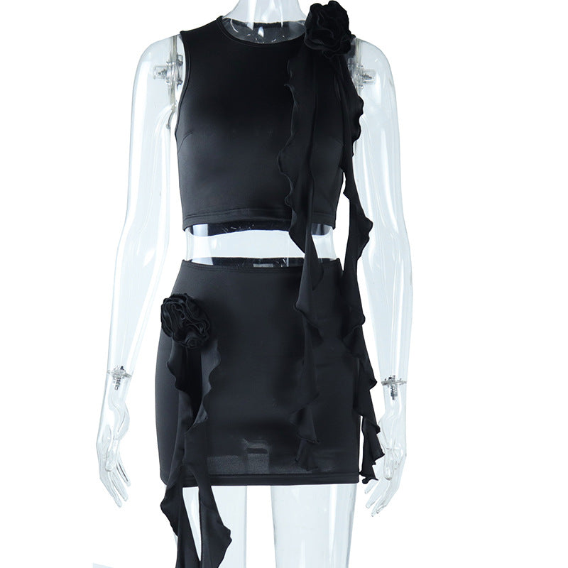 qgtao classy demure mindful dress to impress Style Tight Solid Color Fashion Suit Handmade Floral round Neck Solid Color Navel Top Camouflage Short Skirt Two-Piece Set