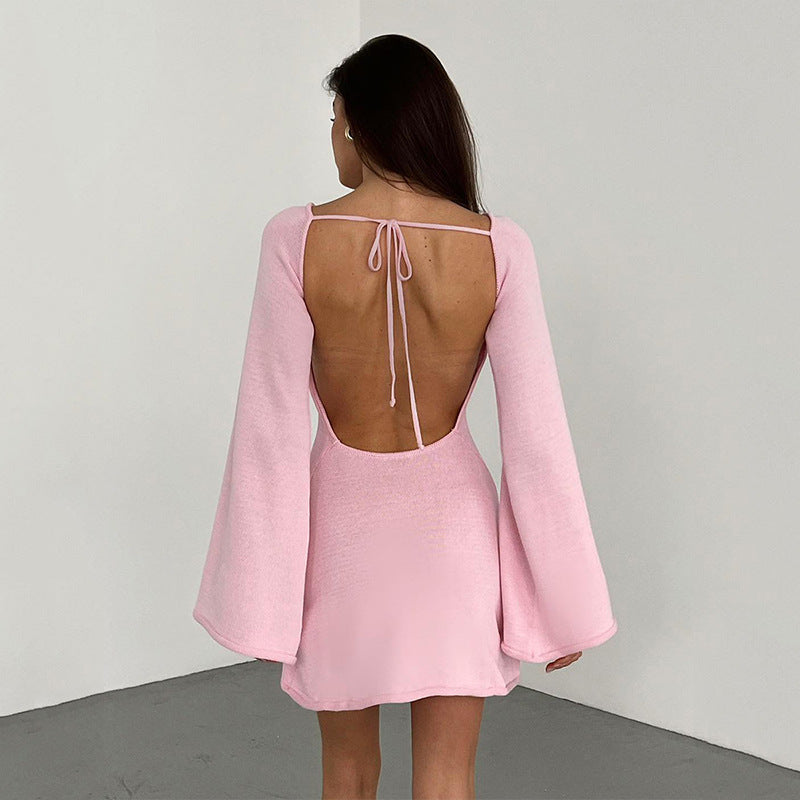2025 new sexy backless dress for women, New horn sleeves loose beach vacation dress for women