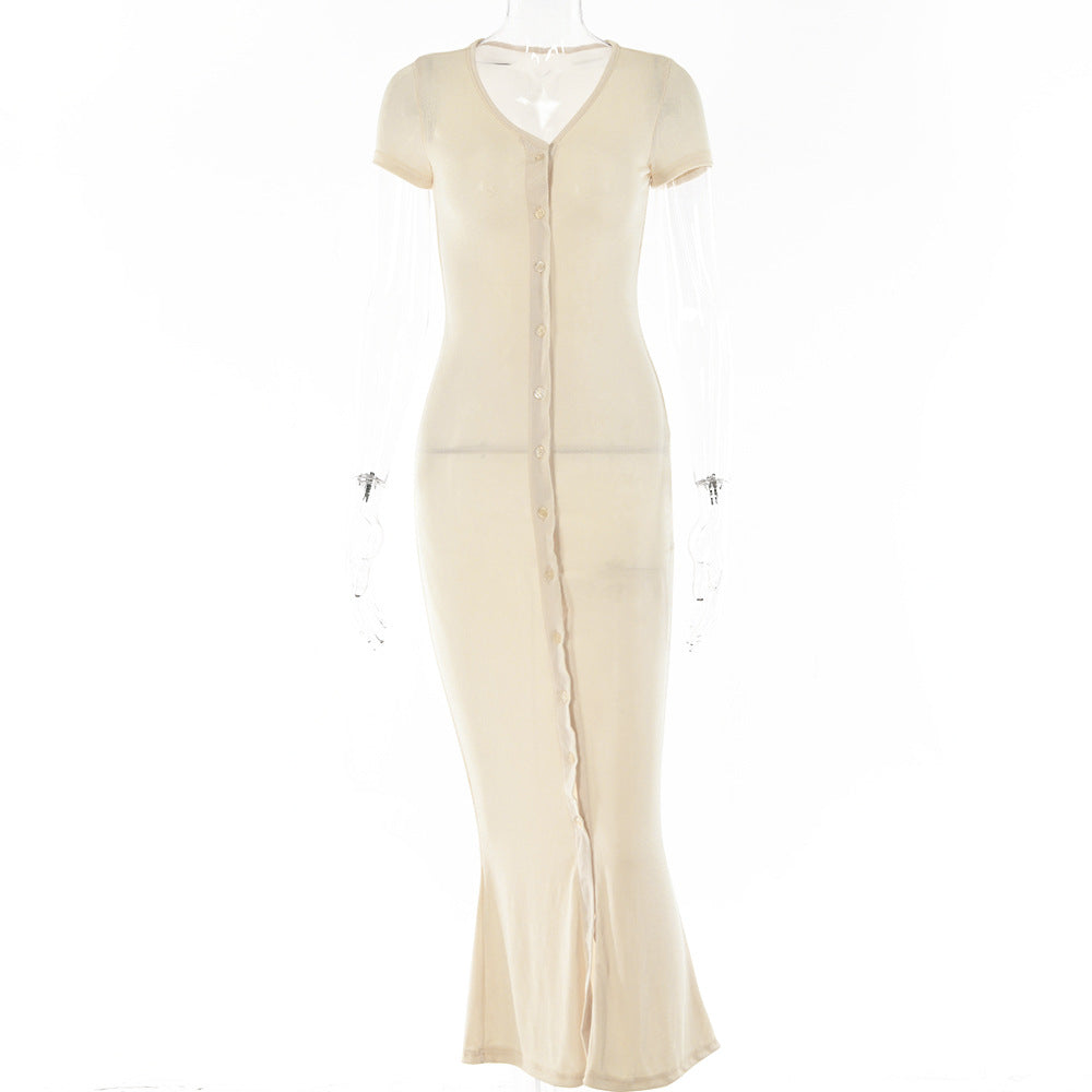 2025 women's clothing new nightclub women's clothing short-sleeved celebrity evening dress long V-neck solid color cardigan dress