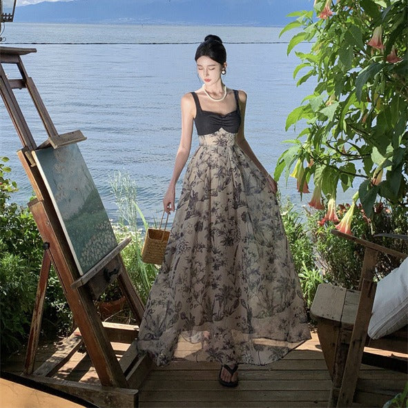 2025 New Chinese style suspender dress women's retro ink floral splicing seaside vacation long dress beach dress