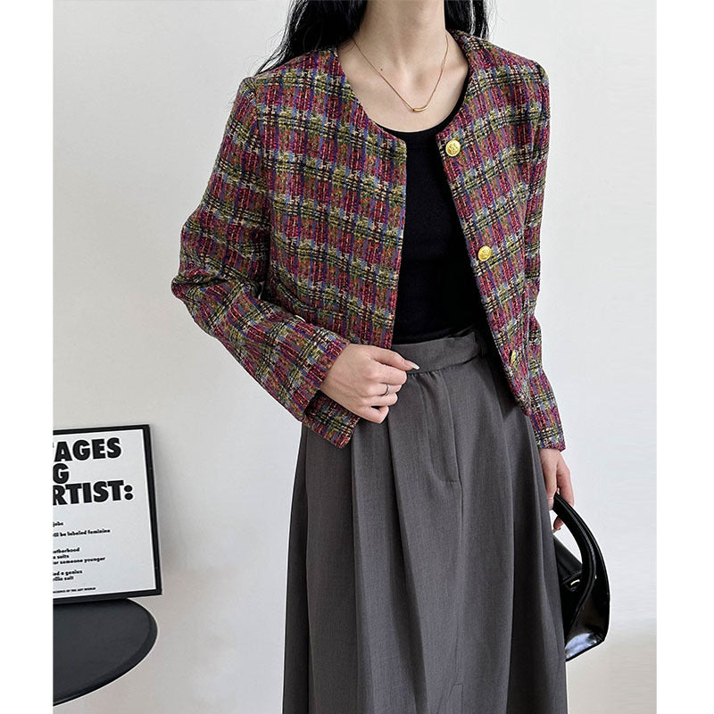2025 , artistic atmosphere popular autumn Korean temperament high-grade plaid woven wind small fragrant short jacket 908