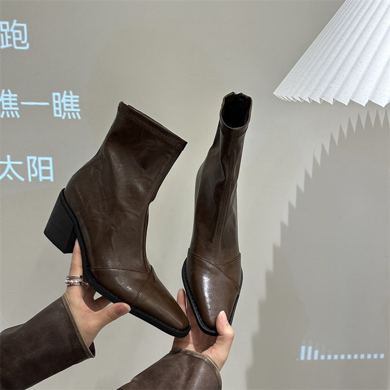 2025 popular autumn and winter new 2025 style square head thick heel high heel short boots women's retro versatile rear zipper fashion Martin boots