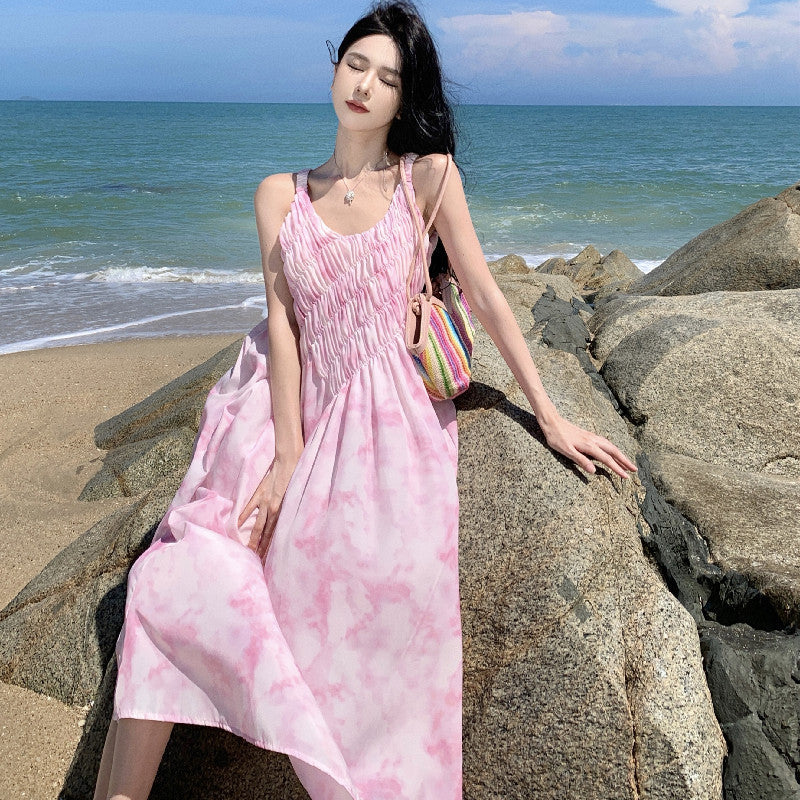 2025 Pink ink smudge printing suspender dress women's summer long and thin high-end seaside vacation skirt