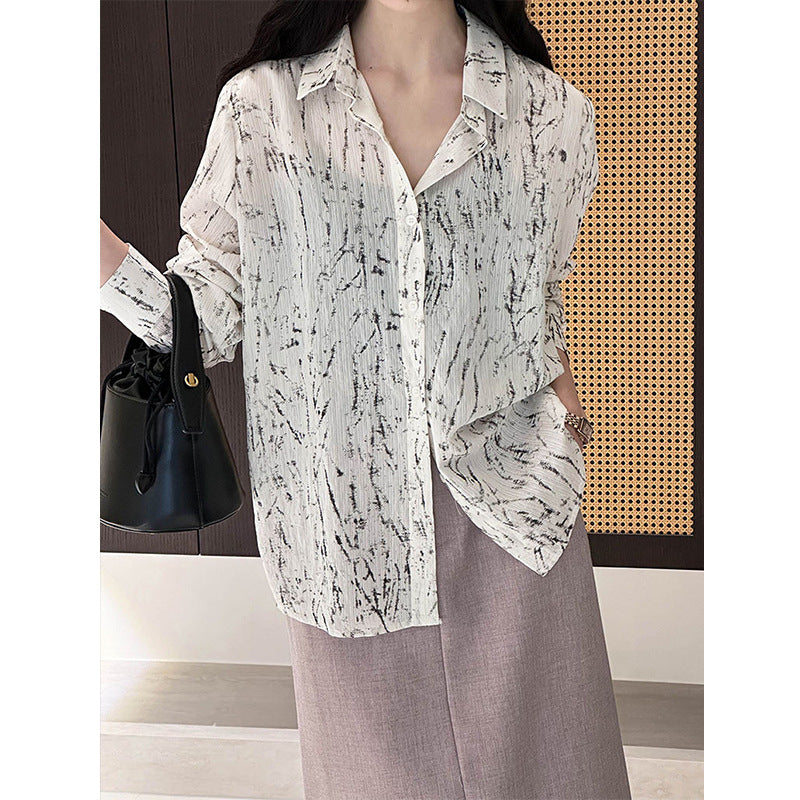 2025 Korean temperament retro ink printing shirt women's 2025 spring loose and thin top 3009