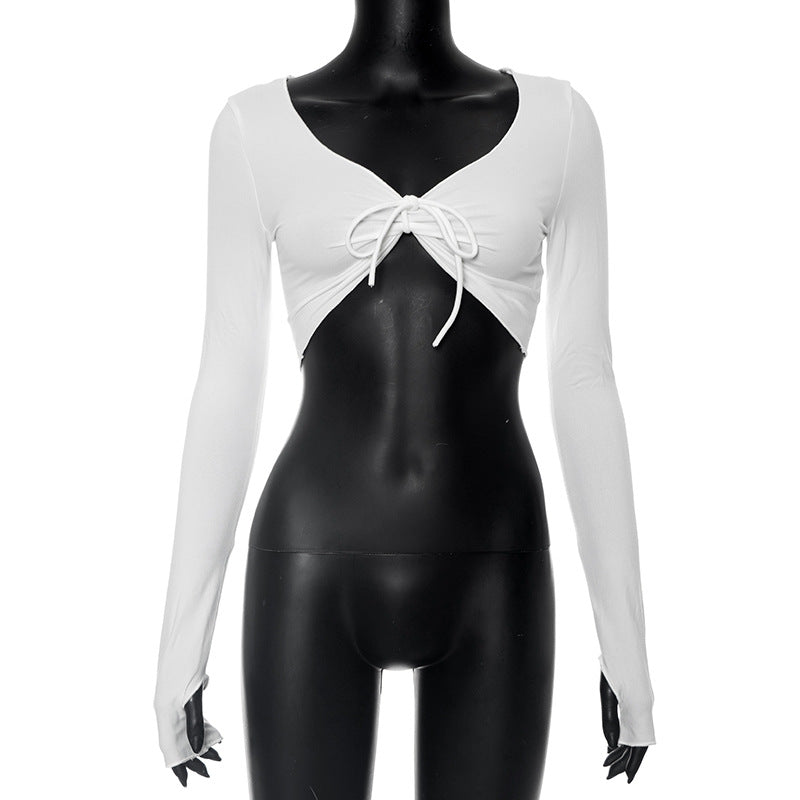 qgtao 2000s fashion Women's Autumn New Solid Color V-neck Twisted Lace-up Finger-up Long Sleeve Navel Top T-shirt for Women