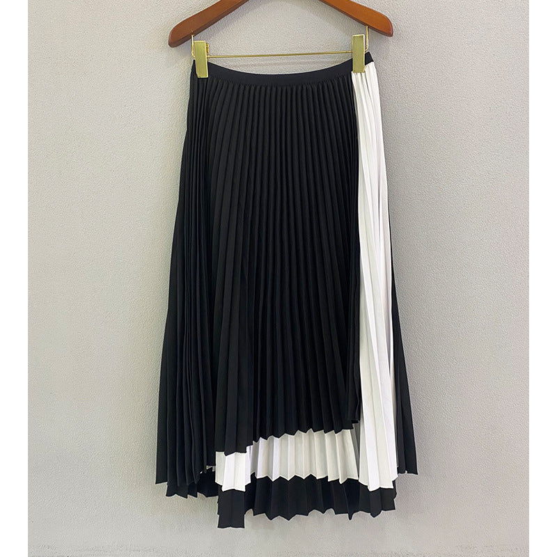 versatile a-word thin skirt women's spring and summer fashion high-end contrasting colors irregular pleated umbrella skirt pleated skirt