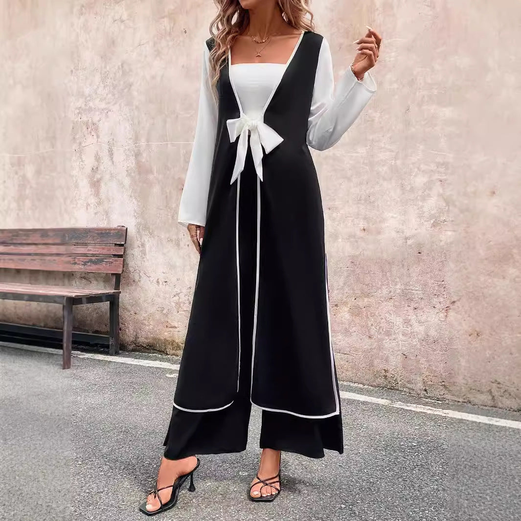 qgtao uniforms dress to impress Women's Fashionable Casual Long Contrast Color Cardigan Lace-up Side Slit Top Wide Leg Trousers Suit