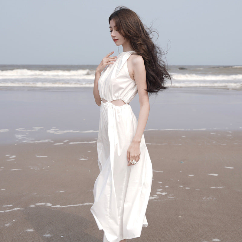 2025 White waist hollow neck sling skirt women's summer new seaside vacation fairy sleeveless dress