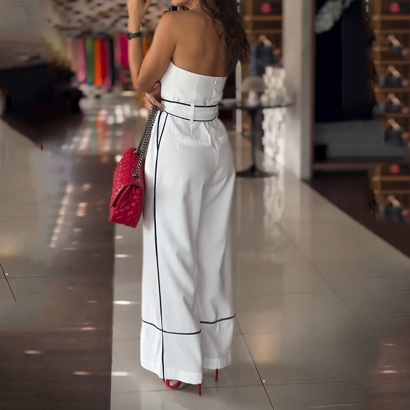 qgtao uniforms dress to impress Women's Fashion Elegant Short Sleeve Top Loose Trousers Shoulder Strap Line Print Jumpsuit