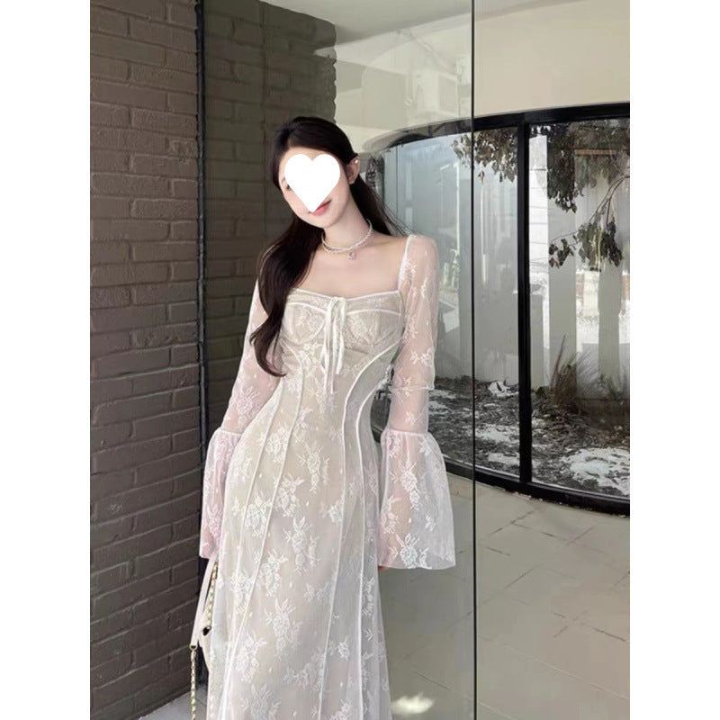 Sexy Knitted Lace Dress Femininity Mesh Fishtail Dress Bottom Long Dress 2025 Spring New