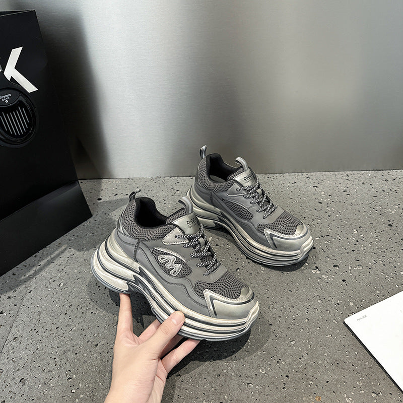 2025 Leather platform dad shoes women's popular autumn new Korean version breathable and versatile, light and non-slip casual sports shoes tide