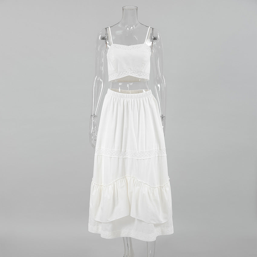 2025 spring and summer sexy design sense white cotton and linen suspender square neck short top middle waist split skirt two-piece set