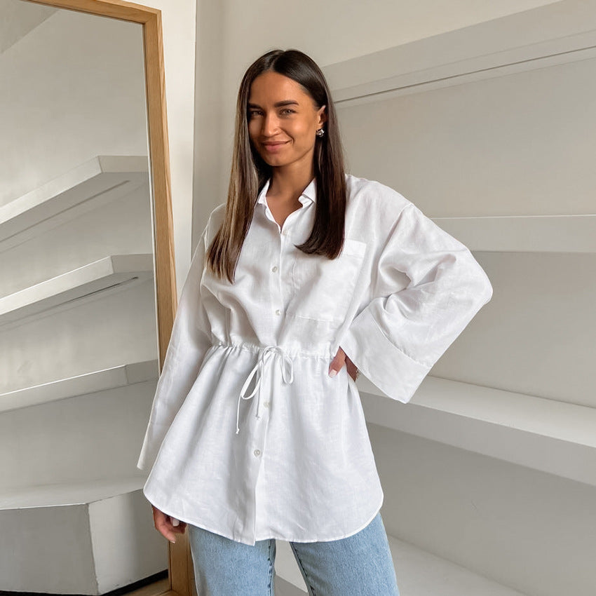 2025 Popularan, n spring and summer fashion simple design sense white cotton and linen loose lapel tie niche versatile women's shirt