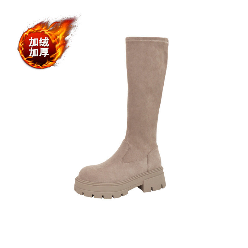 2025 But knee suede boots children thick-soled autumn and winter new thin elastic long tube thin boots flat knight boots