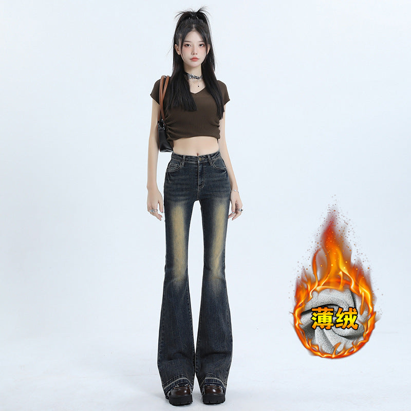 2025 Thin velvet slightly pulled jeans women's autumn and winter popular new retro horseshoe n slim-fitting high-waisted floor-mopping flared pants