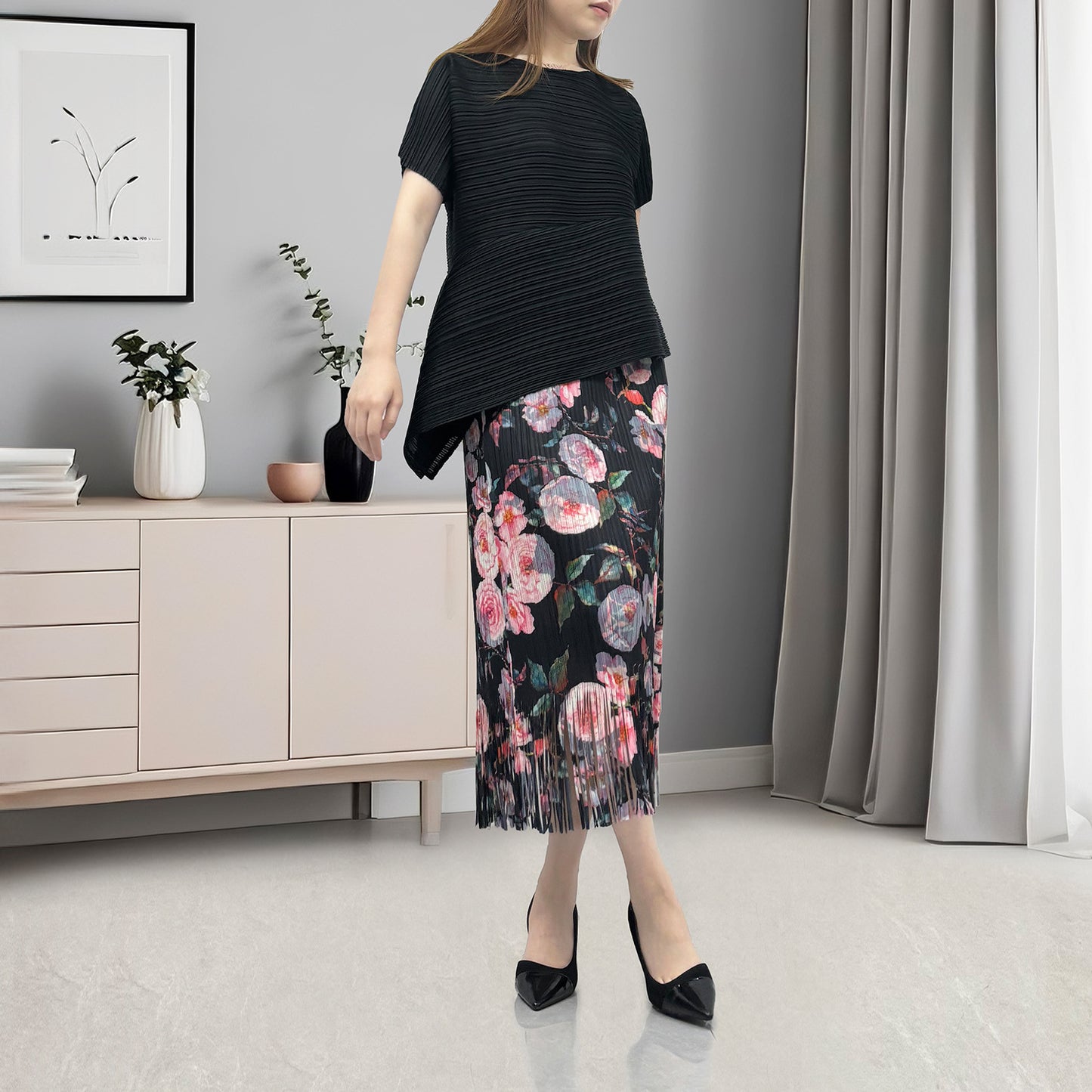 recommends fashion suit women's clothing summer fashion temperament commuting black printing versatile two-piece set