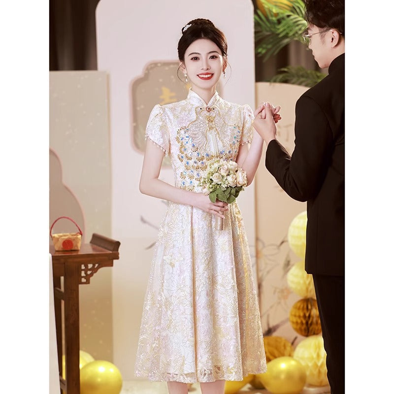 2025Chinese cheongsam toast new sparkling small bride wedding engagement banquet dress dress