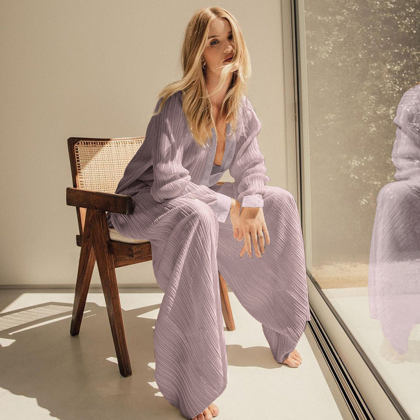 2025 popular autumn and winter new long-sleeved lapel pleated shirt women's wide-leg mopping floor drape pleated trousers set solid color