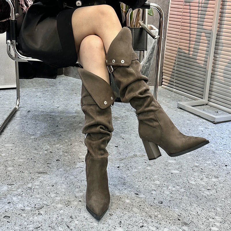 2025 Pointed high-heeled boots women's boots popular winter new two wear thick heel knee boots show thin temperament thin boots