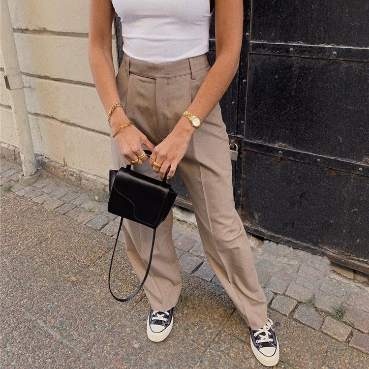 qgtao suede jacket outfit Spring New Black Slimming Wide-Leg Pants Straight High Waist Draping Suit Pants for Women