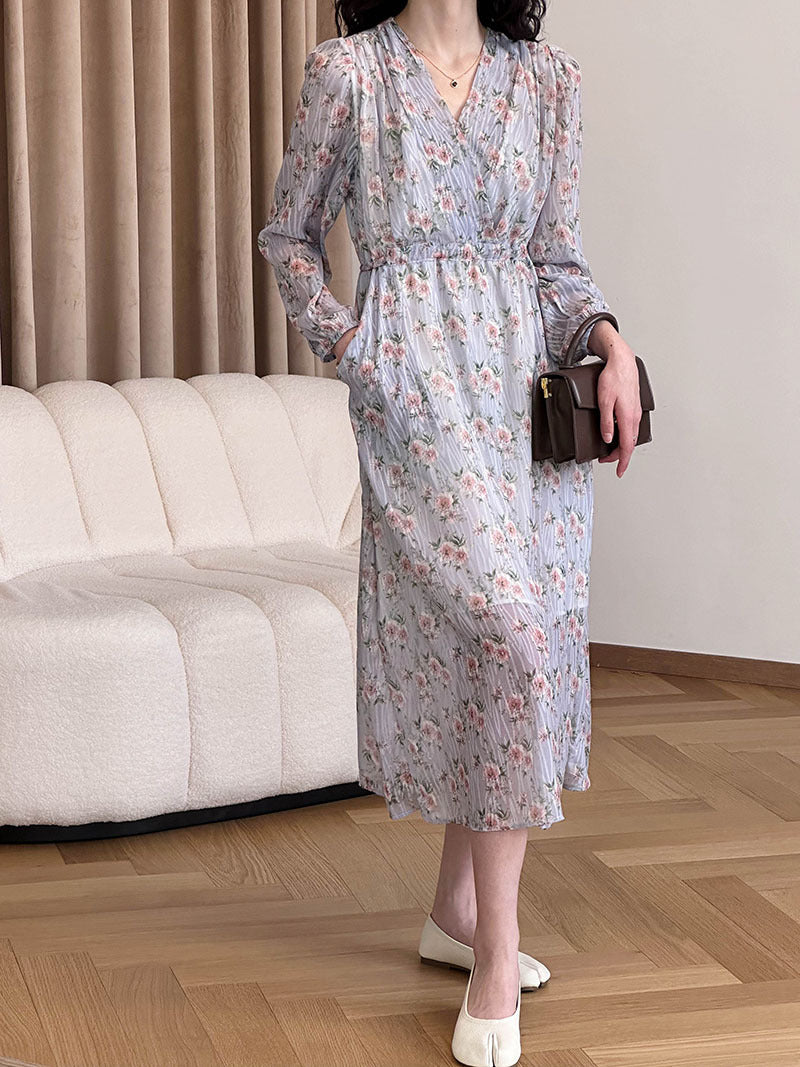 2025 2025 spring new Korean loose V-neck drawstring waist design long floral dress 2303