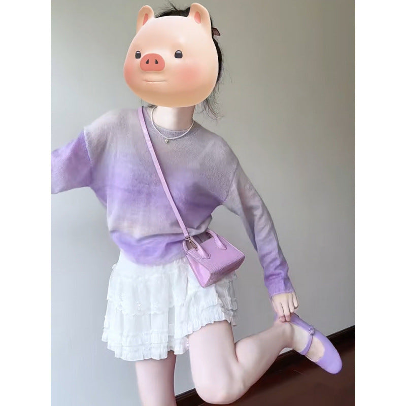Korean gradual change purple round neck long-sleeved knitted sweater women 2025 spring gentle sweet Popular age reduction chic suit