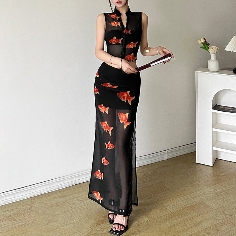 qgtao dti outfits 2024 Style Summer New Women's Solid Color Slim Sleeveless Top Fashion Low Waist Skirt Suit