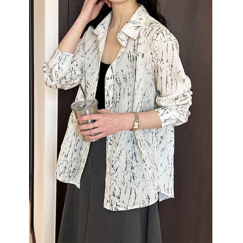 2025 Korean temperament retro ink printing shirt women's 2025 spring loose and thin top 3009