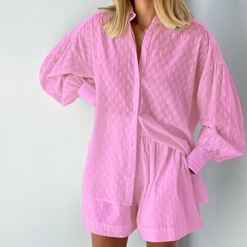 2025 popular Summer Women's Shirts Jacquard Bubble Sleeves Temperament Tops Shorts Commuter Design Casual Suit