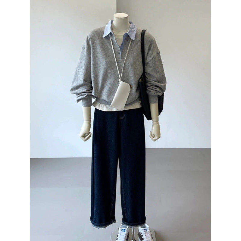 2025 spring clothing new college style contrasting color shirt neckline loose pullover sweater women