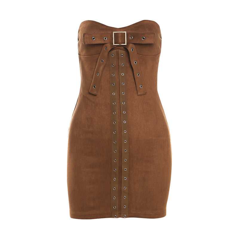 2025 style popular summer new women's clothing fresh and sweet bow thin belt metal buckle solid color dress
