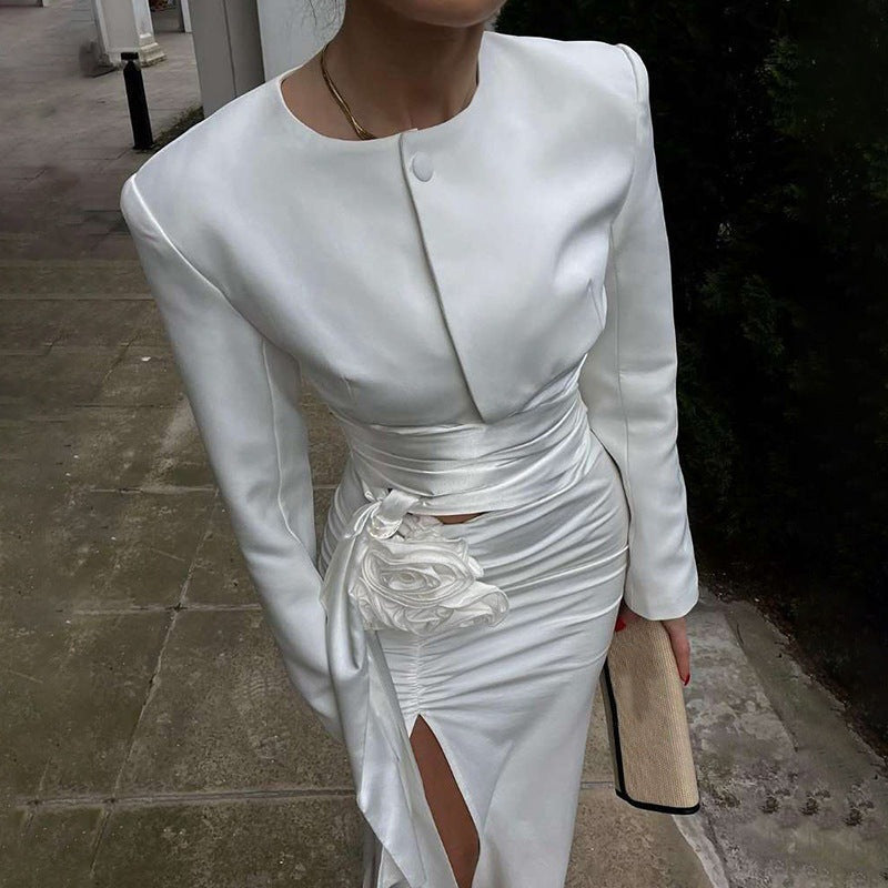 qgtao classy demure mindful dress to impress 2024 Autumn New Elegant Socialite Pleated Waist Design Top Rose Modified Hip Skirt Two-Piece Set for Women