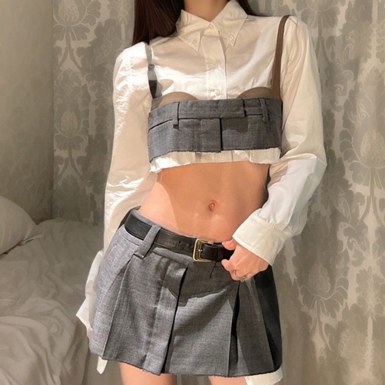 White long-sleeved shirt women's spring clothing new super short Spice Girl suspender outside pleated skirt three-piece set