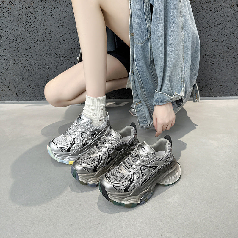 2025 Leather platform dad shoes women's popular autumn new Korean version breathable and versatile, light and non-slip casual sports shoes tide