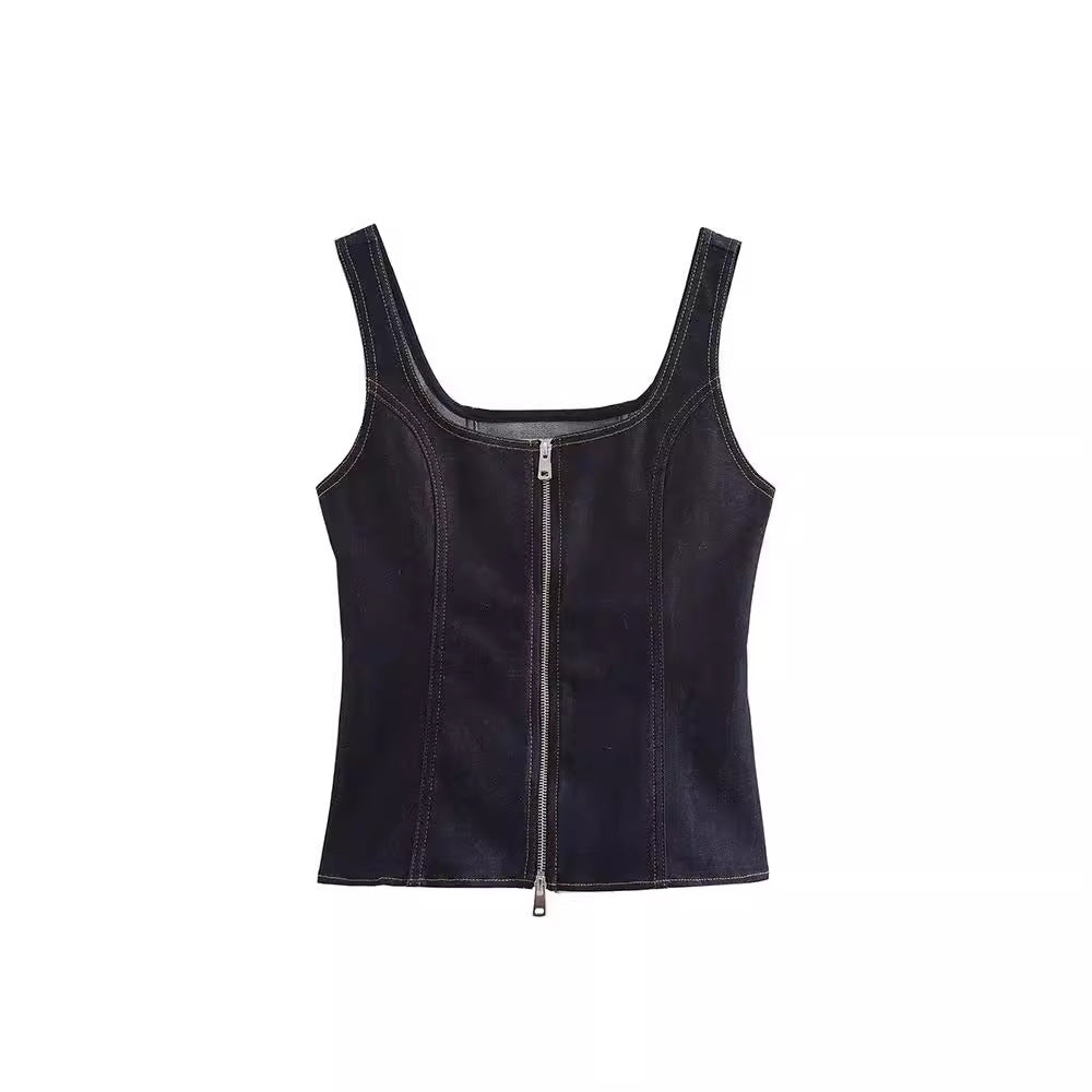 qgtao concert outfit Women's New Style Slim Shoulder Strap Zipper Denim Vest Sleeveless Top