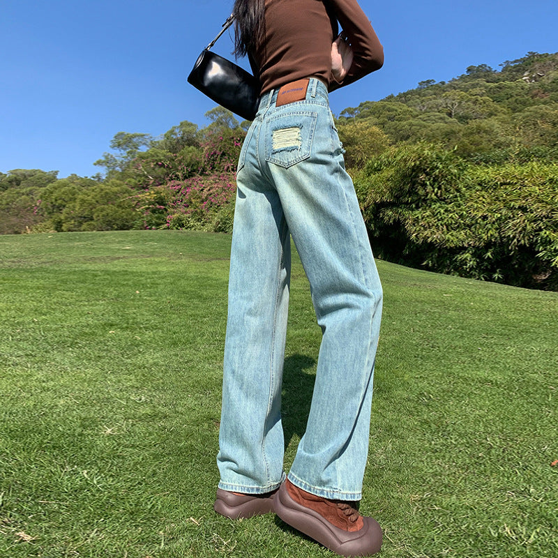 2025 Light blue retro blue black ripped jeans women's high waist and thin design sense straight narrow version loose wide-leg pants