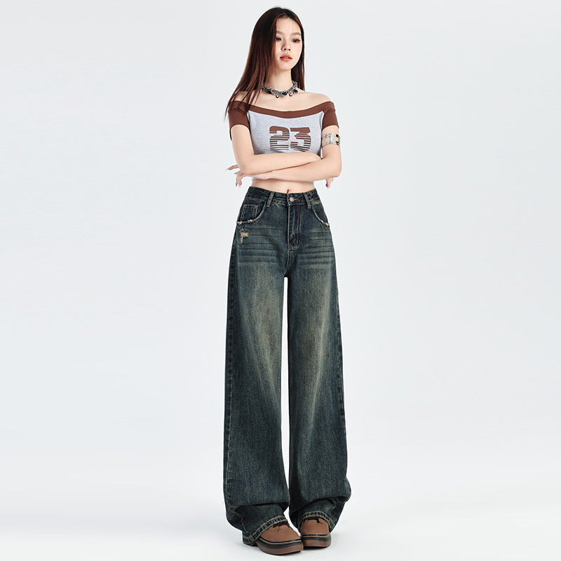 2025 Cement gray jeans women's autumn popular new high waist thin ripped straight narrow version mopping small pants