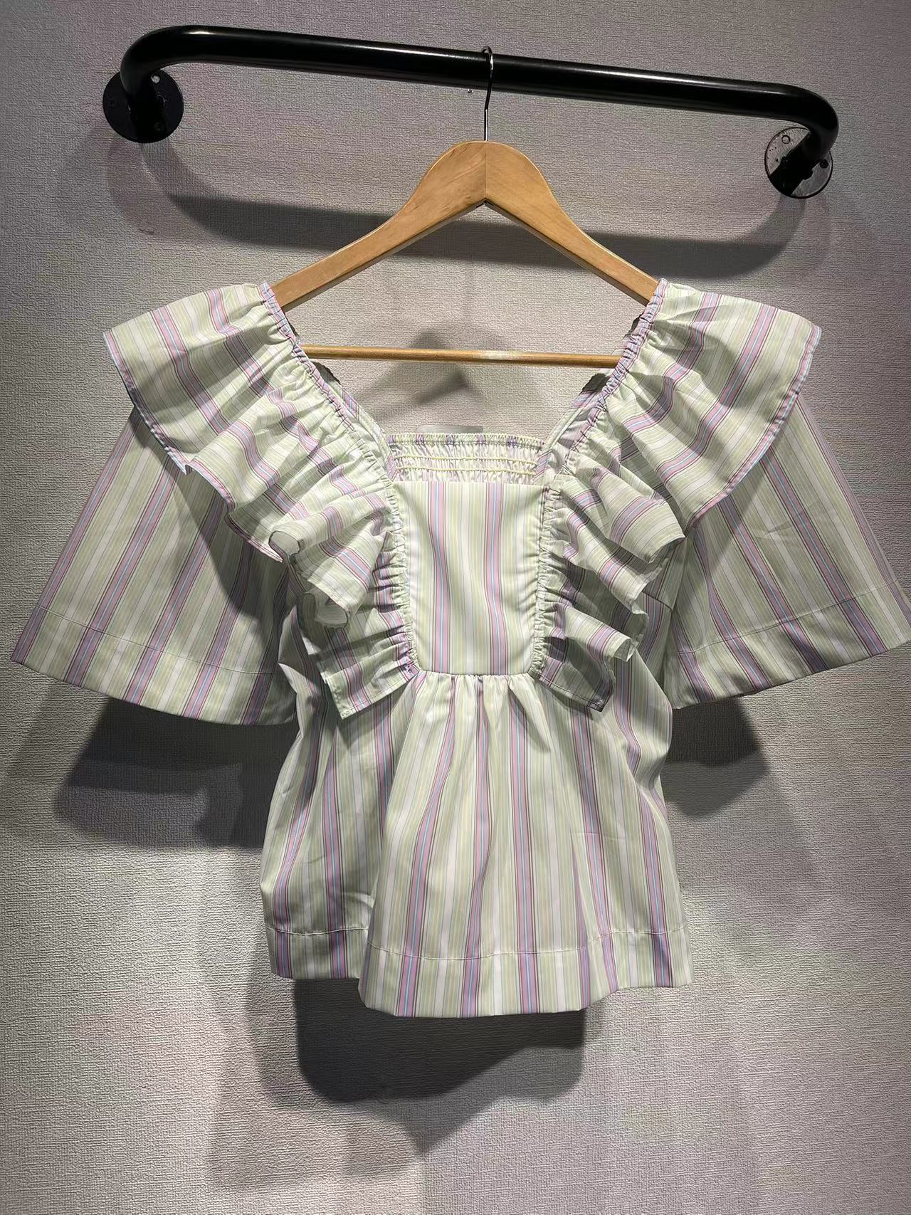 2025 GA Home Fresh and Sweet Striped Lotus Leaf Edge Square Neck Short Sleeve Cotton Shirt Cute Doll Neck Shirt Women's Premium Sense