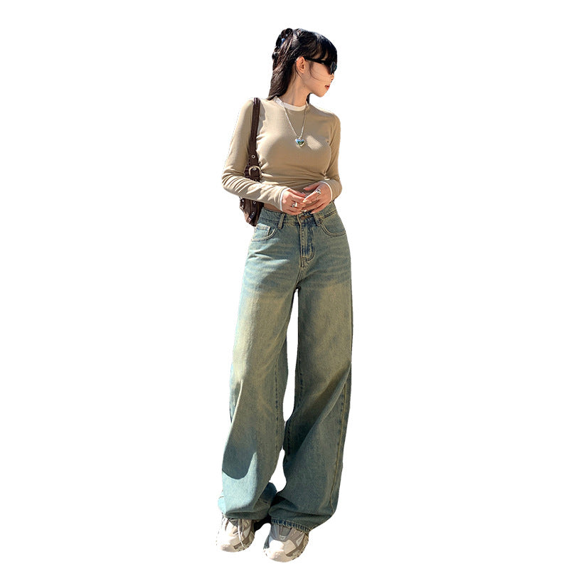 qgtao 90s streetwear Jinyin American Retro High Waist Distressed Loose Wide Leg Pants Early Autumn New Straight Jeans Trousers Lengthened
