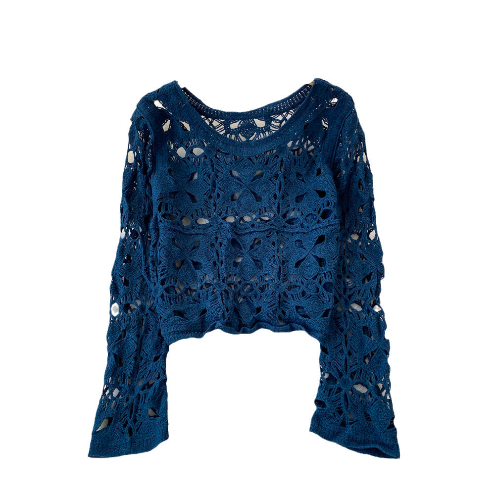 qgtao outfit inspo Long Sleeve Round Neck Hollow-out Crocheted Sweet Sweater Korean Style round Neck Fashion Casual Seaside Vacation Long Sleeve Top for Women