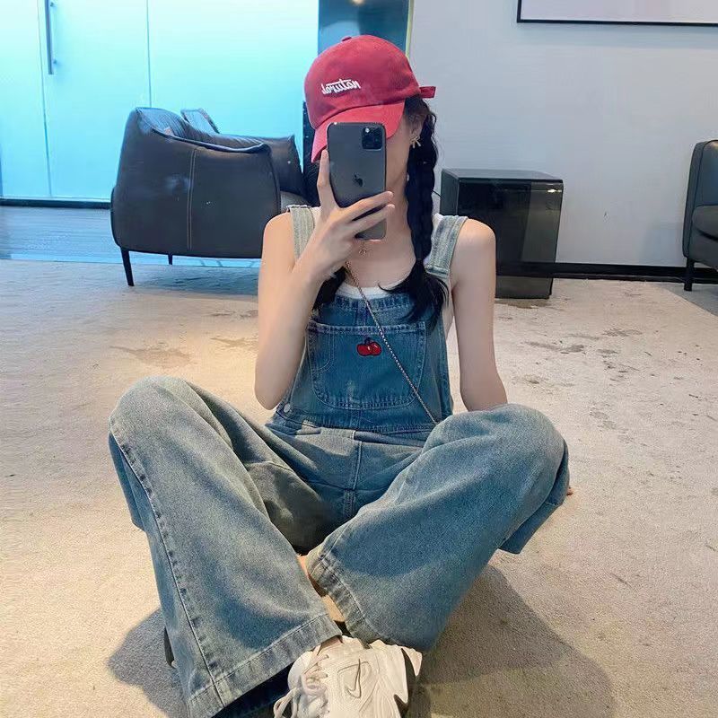 qgtao outfit ideas Design Sense Spring and Summer Embroidered Wear Denim Suspender Pants Women's Salt Retro Small Tooling High Waist Straight Jumpsuit