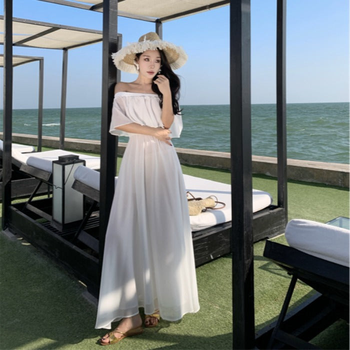 2025 Fairy beautiful one-word shoulder purple beach dress chiffon drape seaside vacation dopamine dress super fairy wear