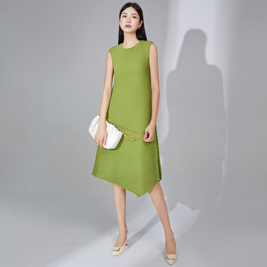 Shenzhen Nanyou Sanzhai dress summer women's clothing round neck sleeveless solid color medium and long irregular pleated skirt tide