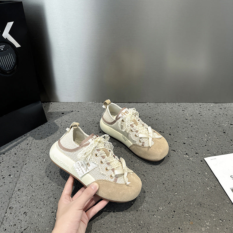 2025 Little white shoes women's popular new summer leather breathable mesh muffin casual shoes show small platform shoes