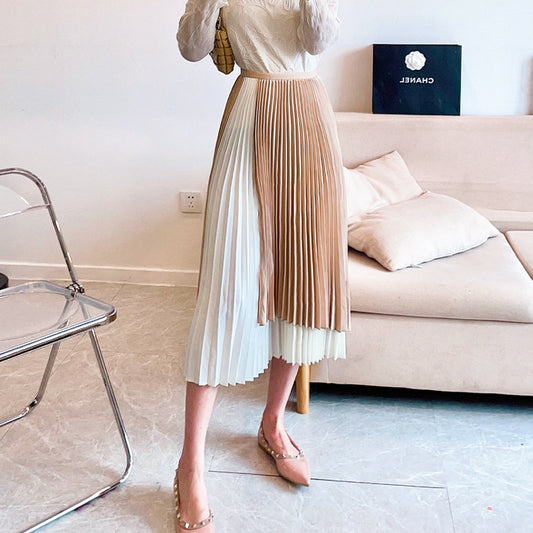 versatile a-word thin skirt women's spring and summer fashion high-end contrasting colors irregular pleated umbrella skirt pleated skirt