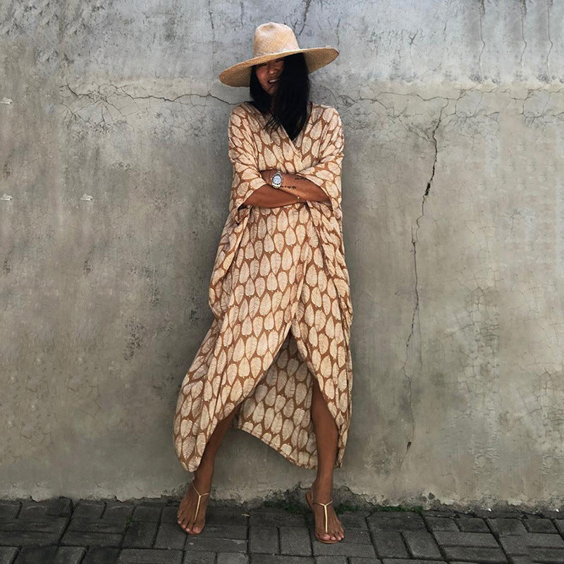 2025 new cotton leaf print beach blouse sexy cardigan style vacation sunscreen shirt dress