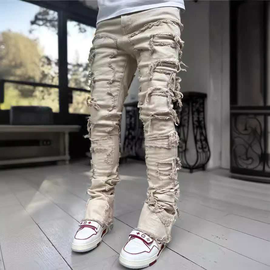 2025 Cross-border new men's denim straight pants, 2025 street fashion ins popular elastic sticker denim straight pants