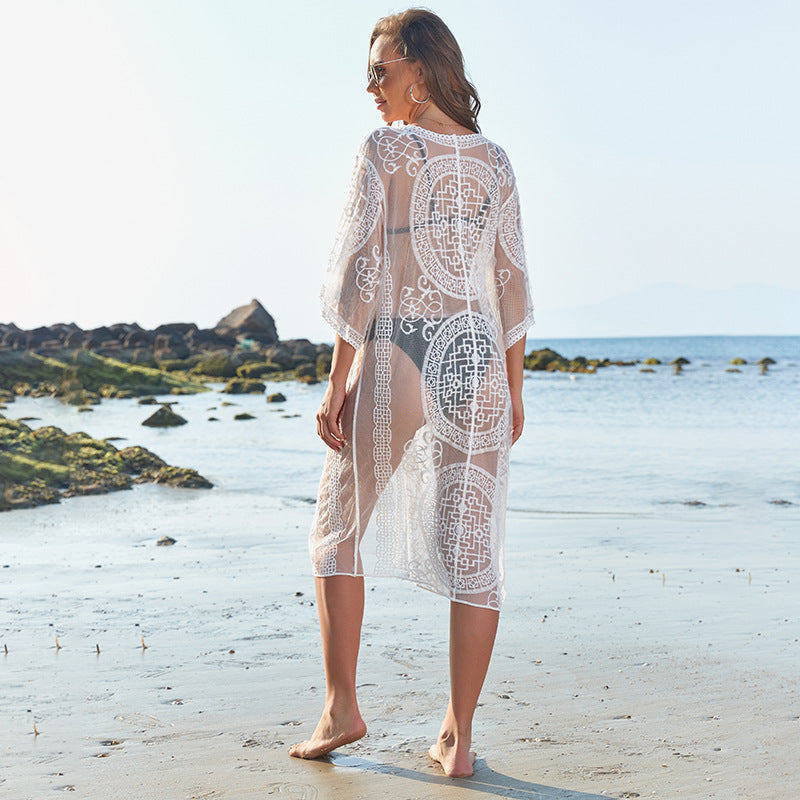 2025 new lace water-soluble sunscreen shirt for women, grid flower see-through swimsuit bikini sunscreen shirt for women