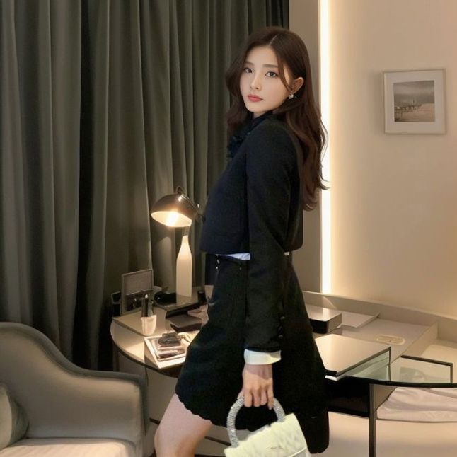 celebrity style fashion suit black small suit small skirt two-piece set women's autumn and winter women's clothing