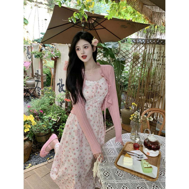 qgtao summer outfits inspo Pastoral French Square Collar Lady Sling Slimming Floral Dress Chubby Girl Shirt Two-Piece Set